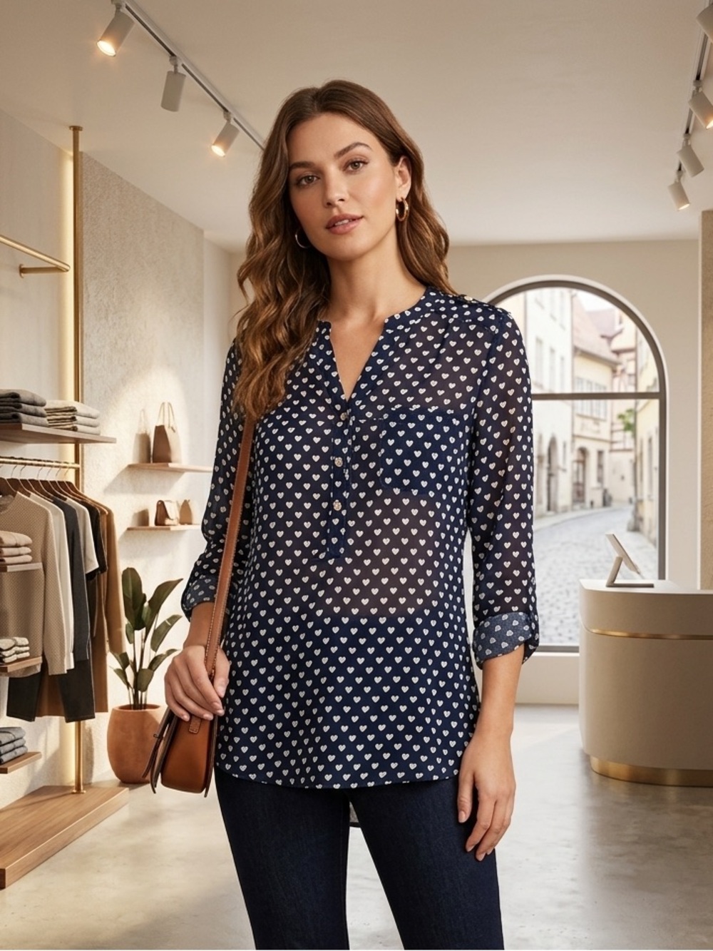 Take 50% OFF- Sweet Rain Navy Heart-Print V-Neck Blouse, Size-SP